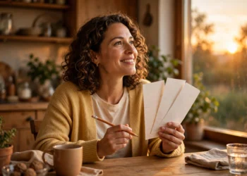 A person holding blank lottery ticket slips and a pencil at a kitchen table