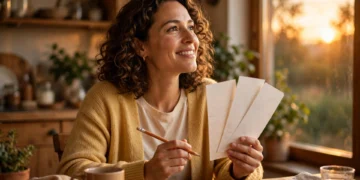 A person holding blank lottery ticket slips and a pencil at a kitchen table