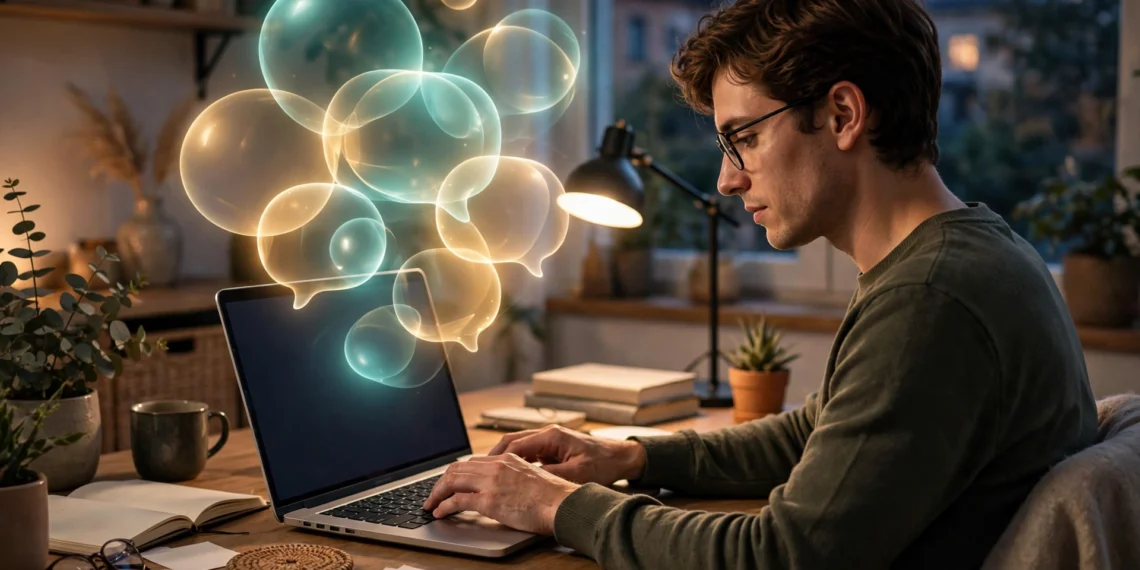 A person typing questions to an artificial intelligence chatbot on a laptop
