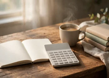 An open notebook calculator and coffee on a desk for a wealth building study session