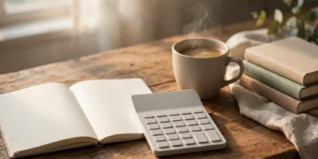 An open notebook calculator and coffee on a desk for a wealth building study session