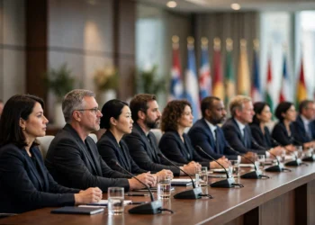 Business leaders seated at a long conference table during a global economic summit