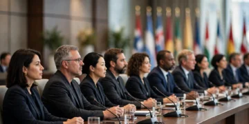 Business leaders seated at a long conference table during a global economic summit
