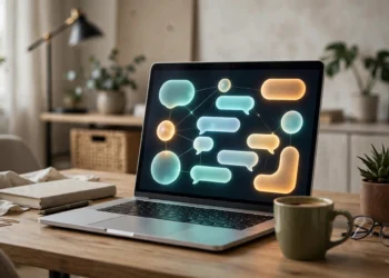 A laptop showing an abstract search and chat interface on a desk