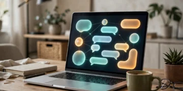 A laptop showing an abstract search and chat interface on a desk