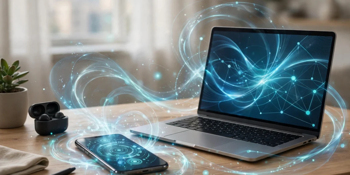 A smartphone and laptop glowing with abstract artificial intelligence light swirls
