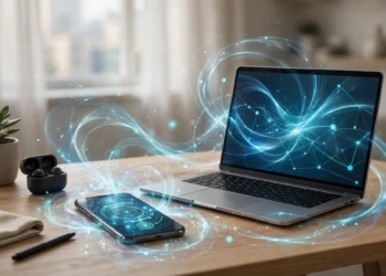 A smartphone and laptop glowing with abstract artificial intelligence light swirls