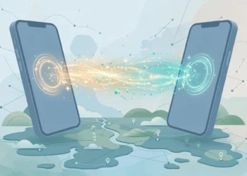 Two smartphones exchanging an instant payment over a map backdrop