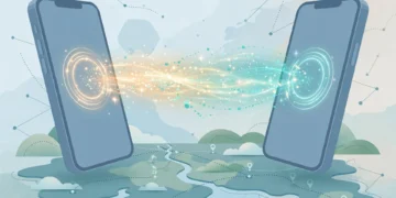 Two smartphones exchanging an instant payment over a map backdrop