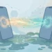 Two smartphones exchanging an instant payment over a map backdrop