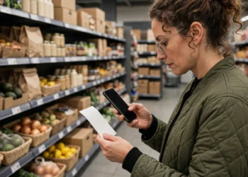 A shopper scanning a grocery receipt with a smartphone to save money