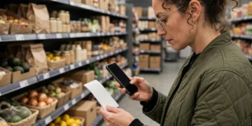 A shopper scanning a grocery receipt with a smartphone to save money