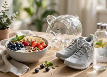 A healthy breakfast running shoes and a piggy bank on a bright table