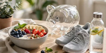 A healthy breakfast running shoes and a piggy bank on a bright table