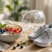 A healthy breakfast running shoes and a piggy bank on a bright table