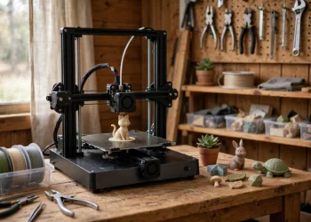 A desktop 3D printer making a small figurine in a home workshop