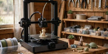 A desktop 3D printer making a small figurine in a home workshop