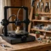 A desktop 3D printer making a small figurine in a home workshop