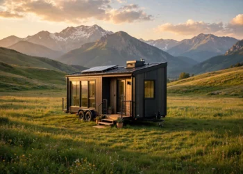 A modern tiny house on wheels in a green meadow at golden hour