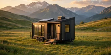 A modern tiny house on wheels in a green meadow at golden hour
