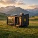 A modern tiny house on wheels in a green meadow at golden hour