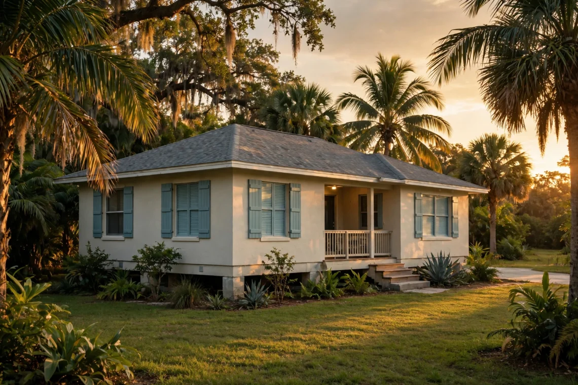 A Florida home with palm trees at golden hour, storm shutters on the windows, and a slightly elevated foundation