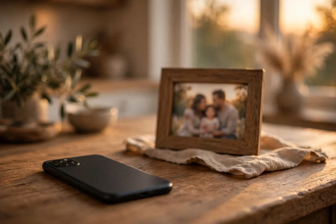 A locked smartphone beside a framed family photo on a kitchen table in warm evening light