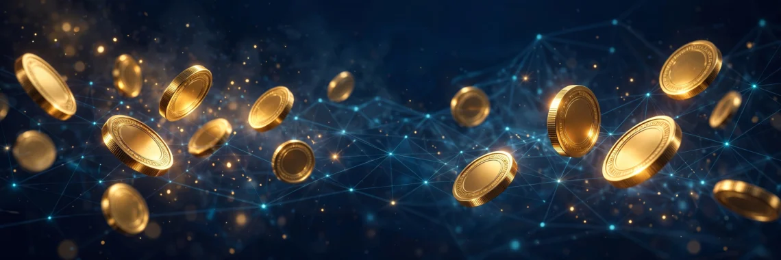 Glowing golden coins and blockchain network lines floating over a deep navy background