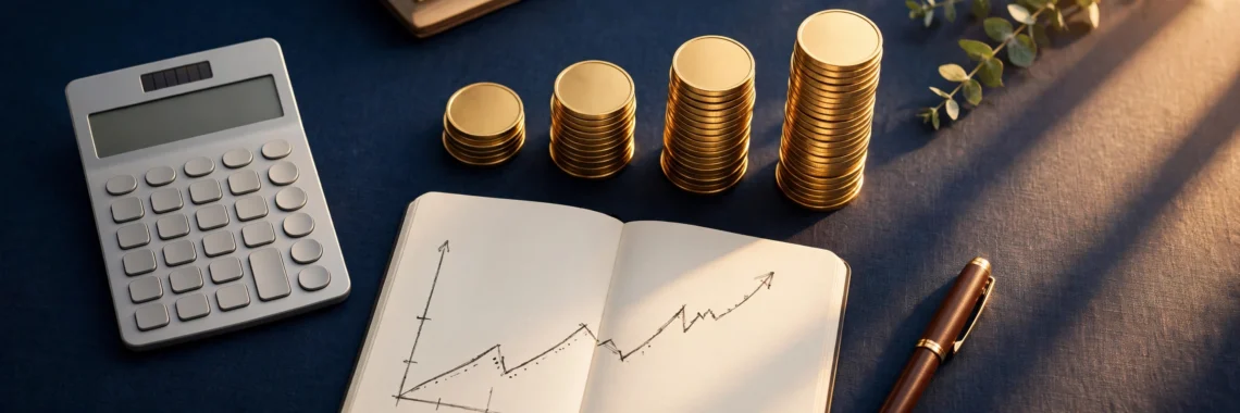 A budgeting scene with a calculator, gold coins, and a notebook with growth charts on a navy desk