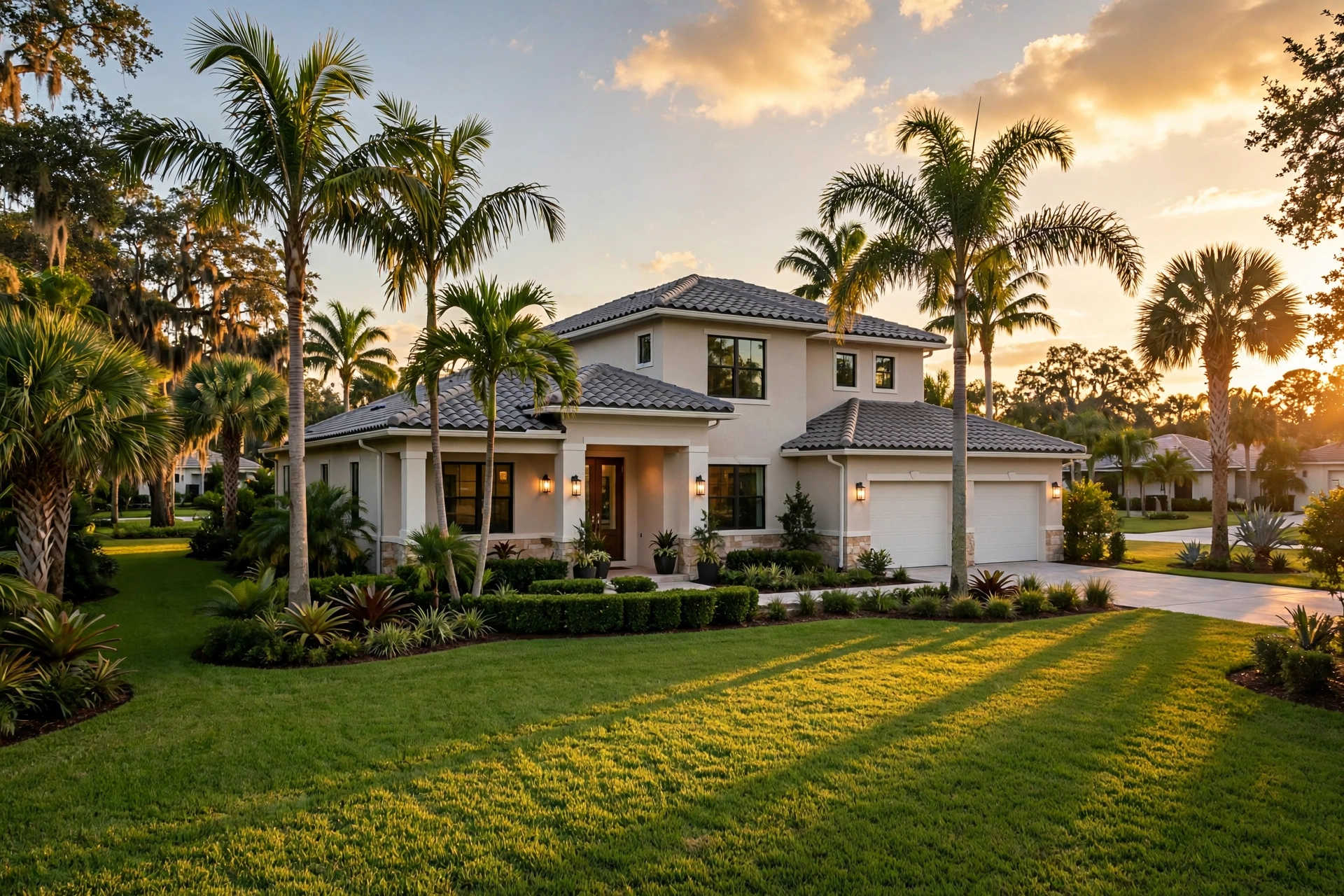 A suburban Florida home exterior with palm trees glowing in golden hour light