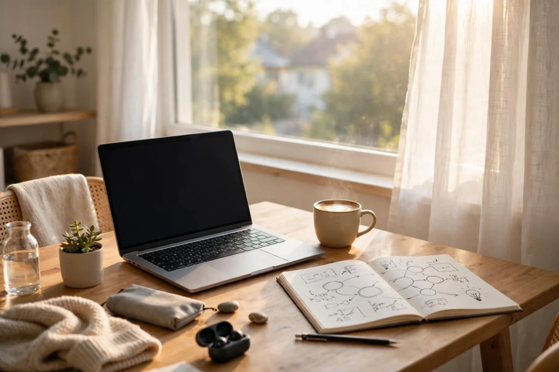 A bright home office workspace with a laptop, coffee, and notebook in morning light