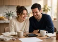 A couple reviewing their household budget together at a kitchen table in warm morning light