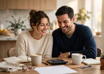 A couple reviewing their household budget together at a kitchen table in warm morning light