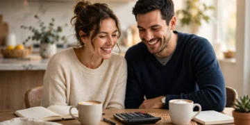 A couple reviewing their household budget together at a kitchen table in warm morning light