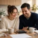 A couple reviewing their household budget together at a kitchen table in warm morning light