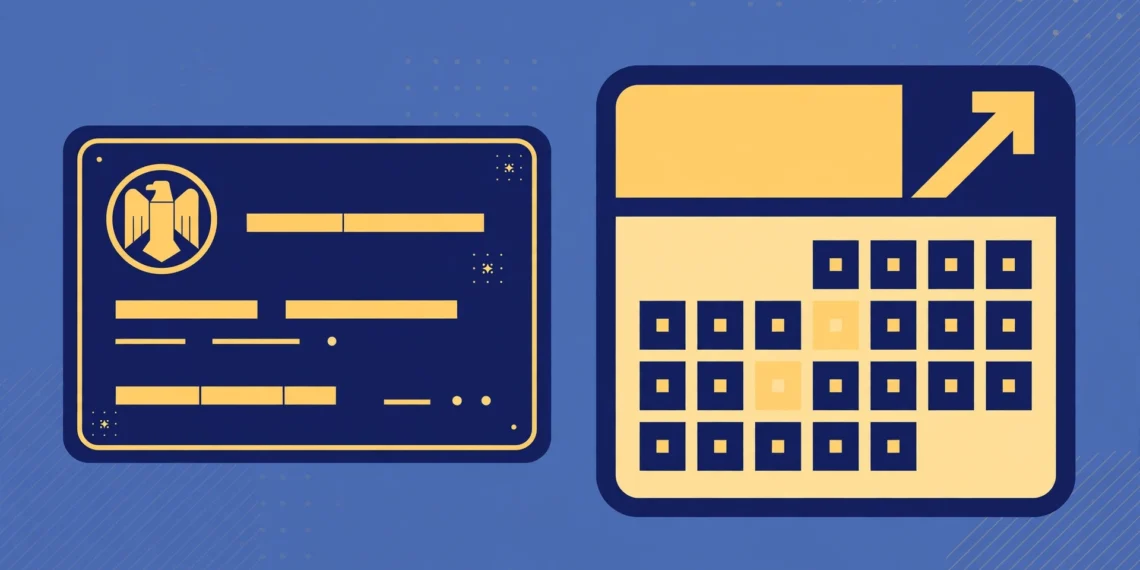 Illustration of a Social Security card beside a 2027 calendar with a rising arrow, in navy and gold
