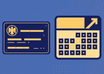 Illustration of a Social Security card beside a 2027 calendar with a rising arrow, in navy and gold