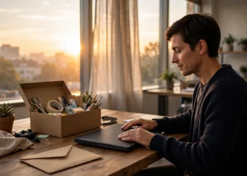 A person closing a laptop at an office desk at sunrise before quitting a job