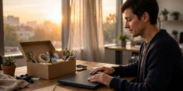A person closing a laptop at an office desk at sunrise before quitting a job