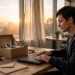 A person closing a laptop at an office desk at sunrise before quitting a job