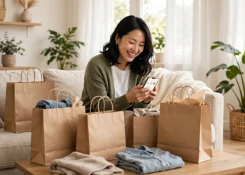 A shopper at home checking cash back rewards on a smartphone