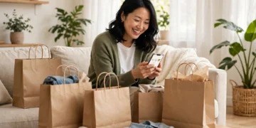 A shopper at home checking cash back rewards on a smartphone