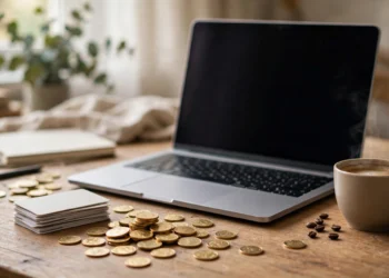 A laptop with gift cards and coins on a desk for earning online rewards