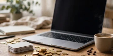 A laptop with gift cards and coins on a desk for earning online rewards