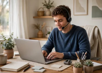 A customer support agent with a headset working as a live chat assistant at home