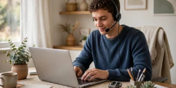 A customer support agent with a headset working as a live chat assistant at home