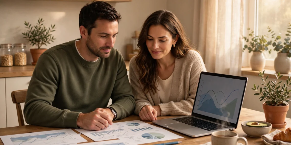 A couple reviewing their retirement savings plan together at a kitchen table in warm morning light