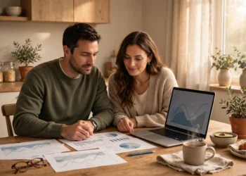 A couple reviewing their retirement savings plan together at a kitchen table in warm morning light