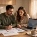 A couple reviewing their retirement savings plan together at a kitchen table in warm morning light