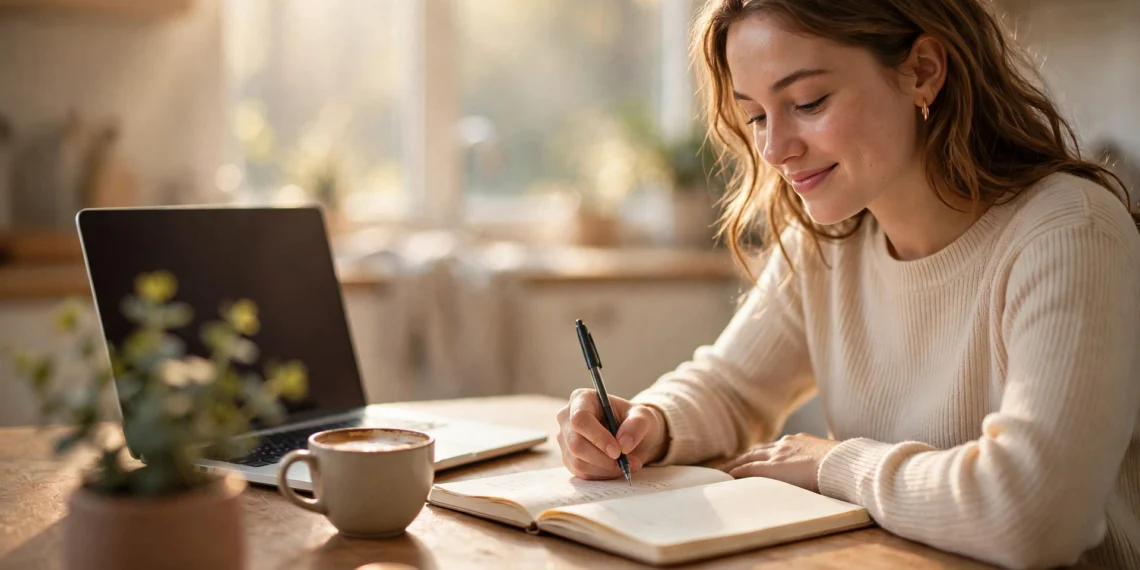 A young woman writing in a budget journal at a sunlit kitchen table with a laptop coffee and gold coins